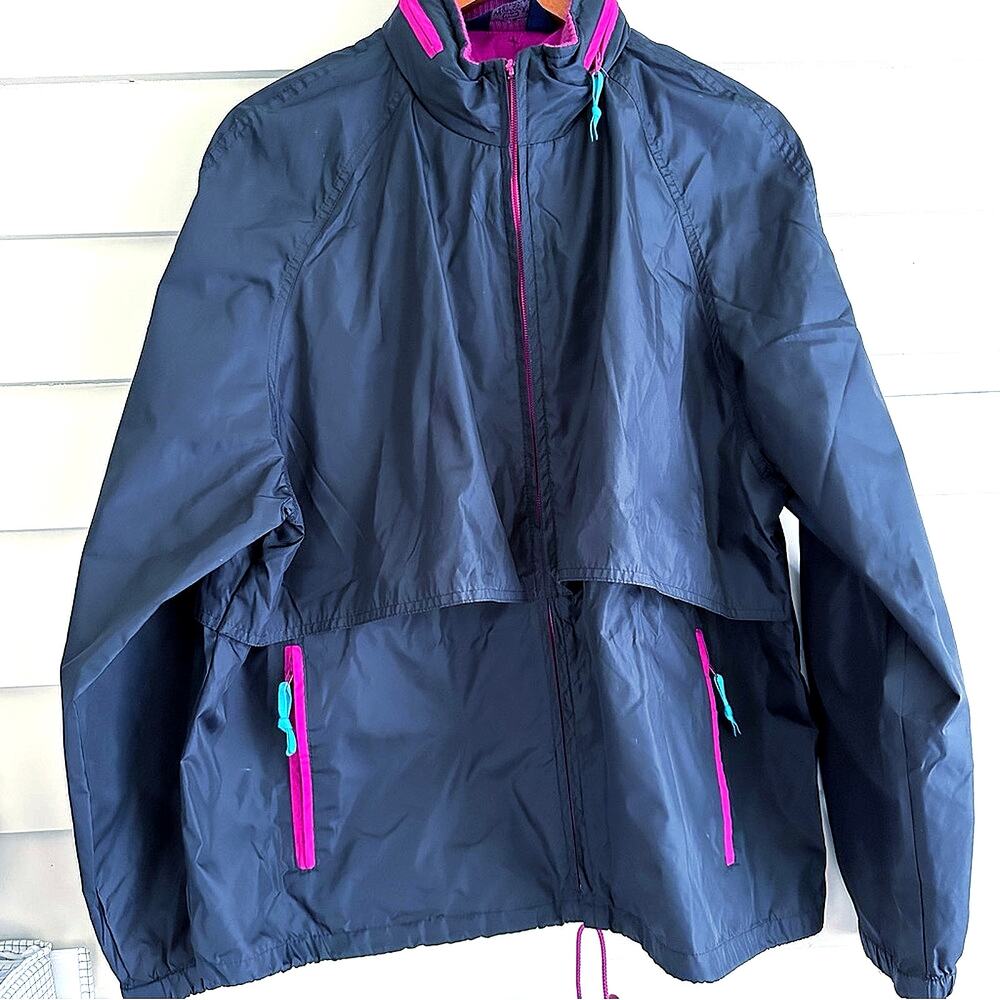 Vintage Woolrich Hooded Windbreaker Jacket Black Teal Fuchsia 80s 90s Gorpcore M